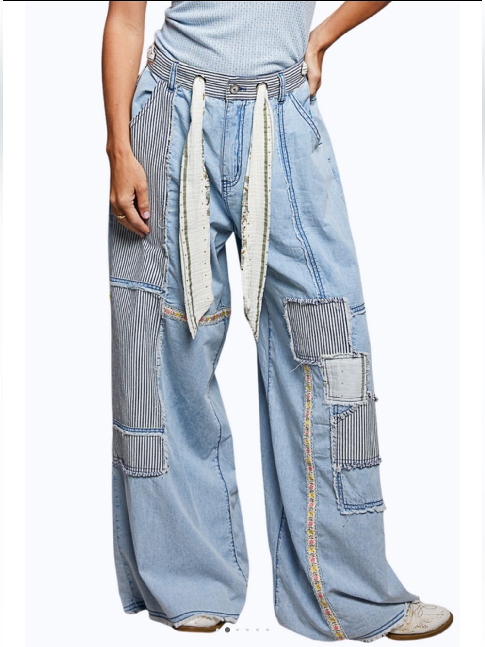 New: POL “Meadowside” Boho Vintage Wash Patchwork Wide Leg Jeans With Belt• L